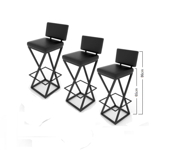 Kit c/ 3 Banquetas Bistrô Industrial Baixa 65cm – Estofadas Preta – IMPERMEÁVEIS