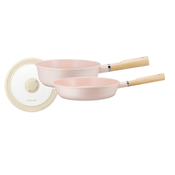 Conjunto 2 Frigideiras Roichen Cerâmica Antiaderente Indução Rosa + Tampa