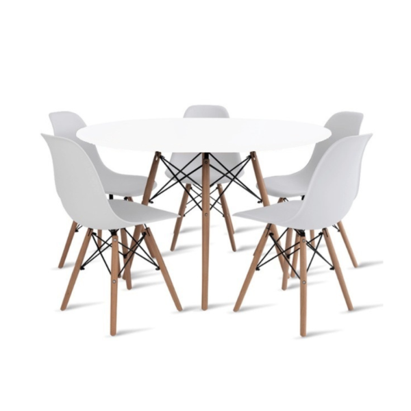 Conjunto Mesa Eiffel Redonda MDF 120cm Branca + 5 Cadeiras Eiffel DS331 Brancas
