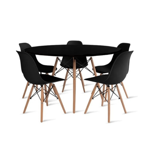Conjunto Mesa de Jantar Eames Eiffel Redonda 110cm Tampo de Madeira Preto + 5 Cadeiras Pretas