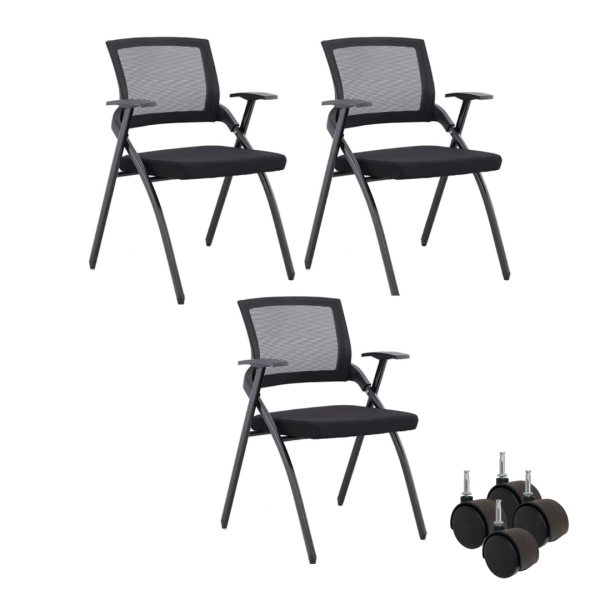 Kit c/3 Cadeiras de Escritório Universitária DS70 Dobrável Tela Mash – Rodinhas Removíveis – Pretas