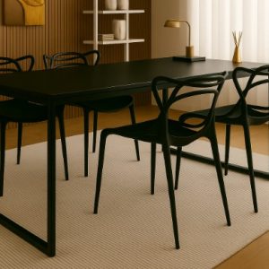 Conjunto Mesa de Jantar Industrial 120x80cm com 4 Cadeiras Allegra Pretas – Tampo Preto e Pés Metálicos
