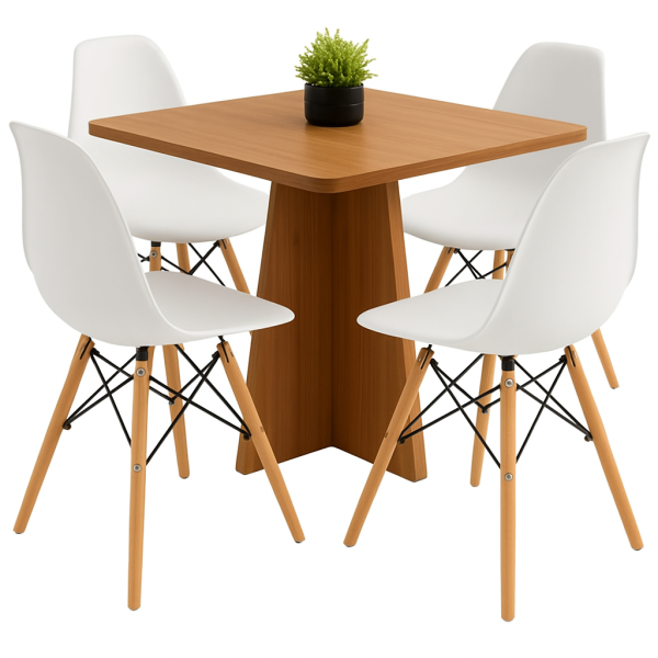 Conjunto Mesa de Jantar 90cm Quadrada em Madeira+4 Cadeiras Eames Brancas Pés de Madeira
