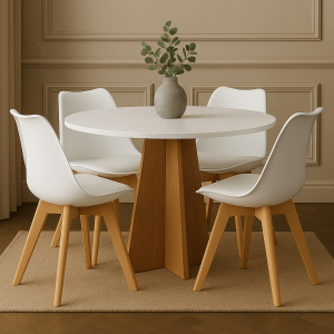 Mesa de Jantar Redonda 90cm com 4 Cadeiras Brancas Base Madeira Moderna