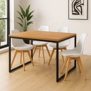 Conjunto Mesa de Jantar 4 Cadeiras – Mesa Retangular Madeira com Pés de Ferro e Cadeiras Brancas Estofadas Leda