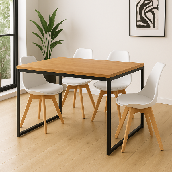Conjunto Mesa de Jantar 4 Cadeiras – Mesa Retangular Madeira com Pés de Ferro e Cadeiras Brancas Estofadas Leda