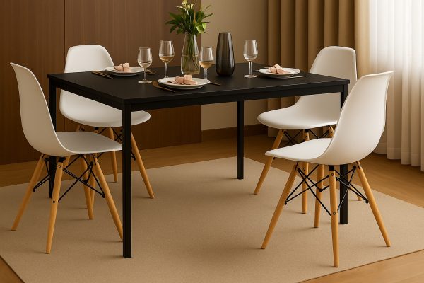 Conjunto Mesa de Jantar 120x80cm com 4 Cadeiras Eames Brancas – Tampo Preto, Design Moderno e Sofisticado