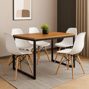 Conjunto Mesa de Jantar Retangular Madeira 120x80cm + 4 Cadeiras Brancas Eames Pés de Madeira