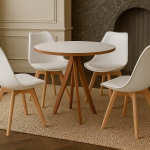 Mesa de Jantar Dallas 90cm- Tampo Branco - 4 Cadeiras BRANCAS -LEDA