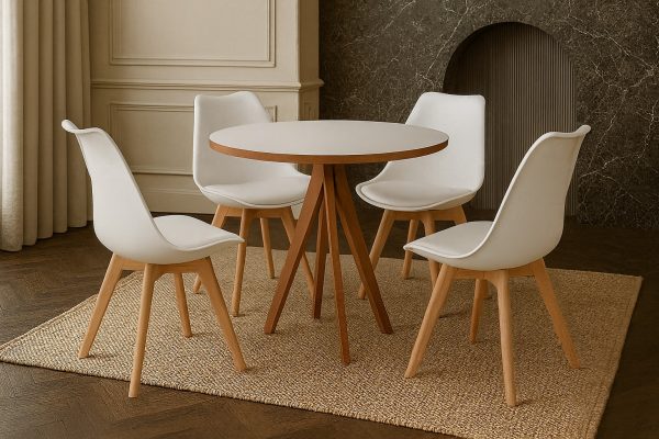 Mesa de Jantar Dallas 90cm- Tampo Branco - 4 Cadeiras BRANCAS -LEDA