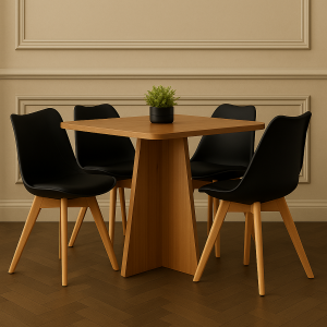 Conjunto Mesa de Jantar Quadrada 90cm com 4 Cadeiras Pretas Pés de Madeira – Design Moderno e Sofisticado