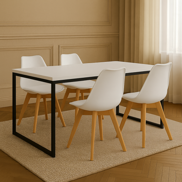 Conjunto Mesa de Jantar Retangular 120x80cm com Tampo Branco e Estrutura em Aço Preto+4 Cadeiras Brancas Pés em Madeira