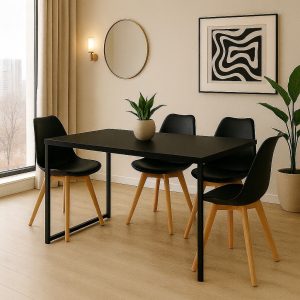 Conjunto Mesa de Jantar Retangular 120x80cm com Tampo Preto e Estrutura em Aço Preto+4 Cadeiras Pretas Pés em Madeira