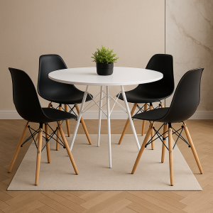 Conjunto Mesa de Jantar Redonda Branca 90cm + 4 Cadeiras Pretas Eames Pés Madeira – Design Moderno e Sofisticado