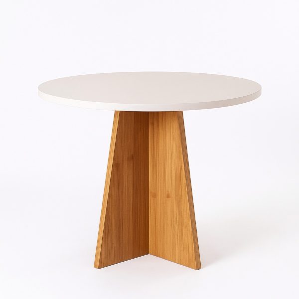 Mesa Redonda com Base em Madeira Maciça e Tampo Branco – Design Moderno e Sofisticado - Image 3