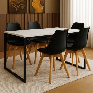 Conjunto Mesa de Jantar Retangular 120x80 cm com Tampo Branco e Estrutura em Aço Preto+4 Cadeiras Pretas Pés em Madeira