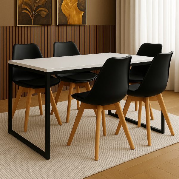 Conjunto Mesa de Jantar Retangular 120x80 cm com Tampo Branco e Estrutura em Aço Preto+4 Cadeiras Pretas Pés em Madeira