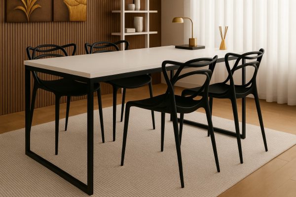 Conjunto Mesa de Jantar Industrial 120x80cm com 4 Cadeiras Allegra Pretas – Tampo Branco e Pés Metálicos Pretos