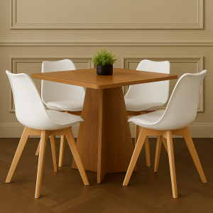 Conjunto de Jantar Sofisticado – Mesa Quadrada 90x90 em Madeira + 4 Cadeiras Brancas com Pés em Madeira
