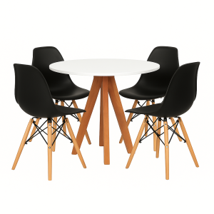 Conjunto Mesa Redonda Branca 90cm + 4 Cadeiras Eames Pretas Pés Madeira Sala Jantar Cozinha Moderna Pronta Entrega