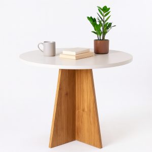 Mesa Redonda com Base em Madeira Maciça e Tampo Branco – Design Moderno e Sofisticado