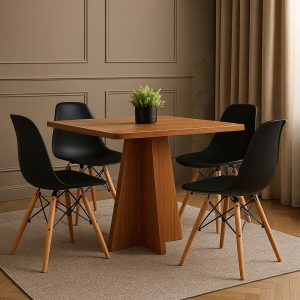 Conjunto Mesa de Jantar 90cm Quadrada em Madeira + 4 Cadeiras Eames Pretas Pés de Madeira – Design Moderno e Sofisticado