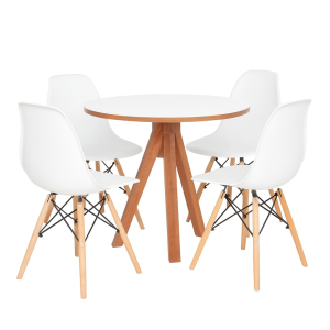 Conjunto Mesa Redonda Branca 90cm + 4 Cadeiras Eames Pés Madeira Sala Cozinha Jantar Moderna Pronta Entrega