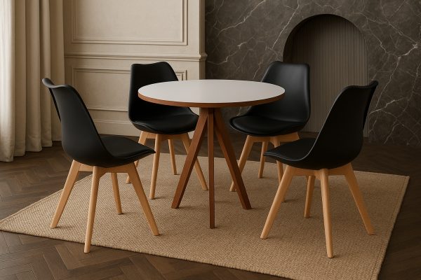 Conjunto Mesa Redonda 90cm com 4 Cadeiras Pretas Modernas Sofisticação e Design Exclusivo
