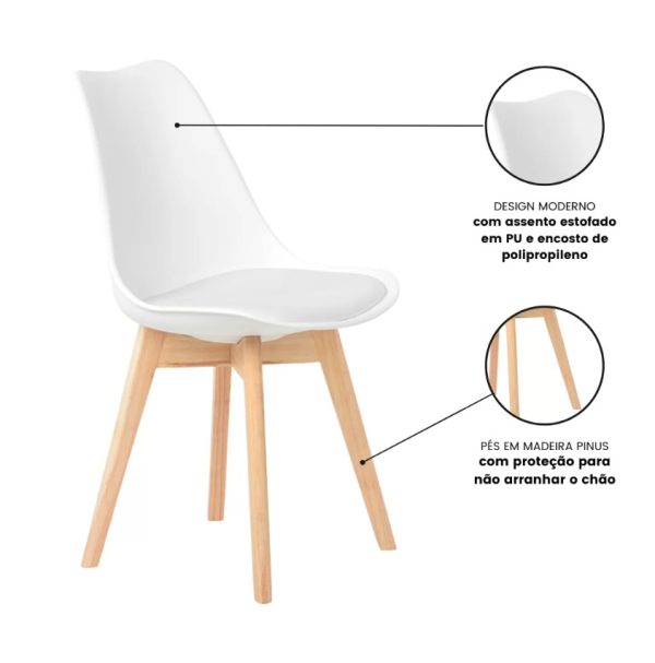 Conjunto Mesa de Jantar Retangular 120x80cm com Tampo Branco e Estrutura em Aço Preto+4 Cadeiras Brancas Pés em Madeira - Image 3