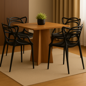 Mesa de Jantar Quadrada 90x90cm com 4 Cadeiras Allegra Pretas – Base de Madeira Design Moderno