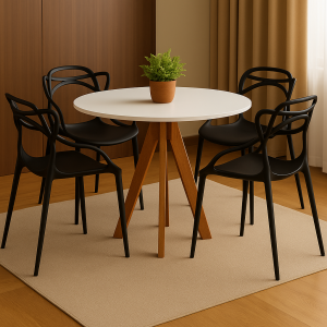 Conjunto Mesa de Jantar 4 Lugares Redonda com Cadeiras Pretas Allegra – Design Moderno