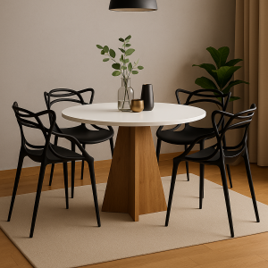 Mesa de Jantar Redonda com 4 Cadeiras Pretas Allegra – Tampo Branco e Base de Madeira Moderna