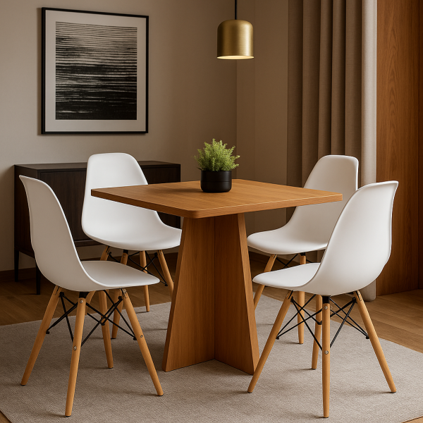 Conjunto Mesa de Jantar 90cm Quadrada em Madeira+4 Cadeiras Eames Brancas Pés de Madeira - Image 2