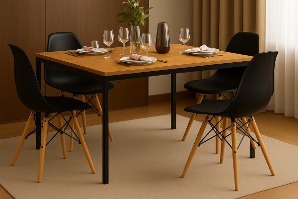 Conjunto de Mesa de Jantar Retangular 120x80cm com 4 Cadeiras Pretas Modernas – Design Sofisticado e Confortável