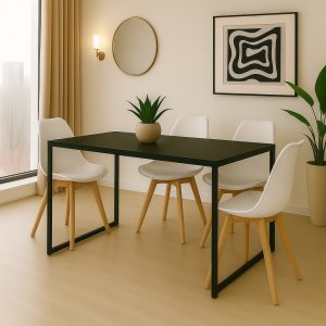 Conjunto Mesa Retangular 120x80cm Tampo Preto e Estrutura em Aço +4 Cadeiras Brancas Pés em Madeira
