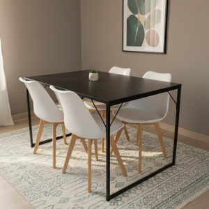 Conjunto Mesa Retangular 120x80cm Tampo Preto e Estrutura em Aço +4 Cadeiras Brancas Pés em Madeira