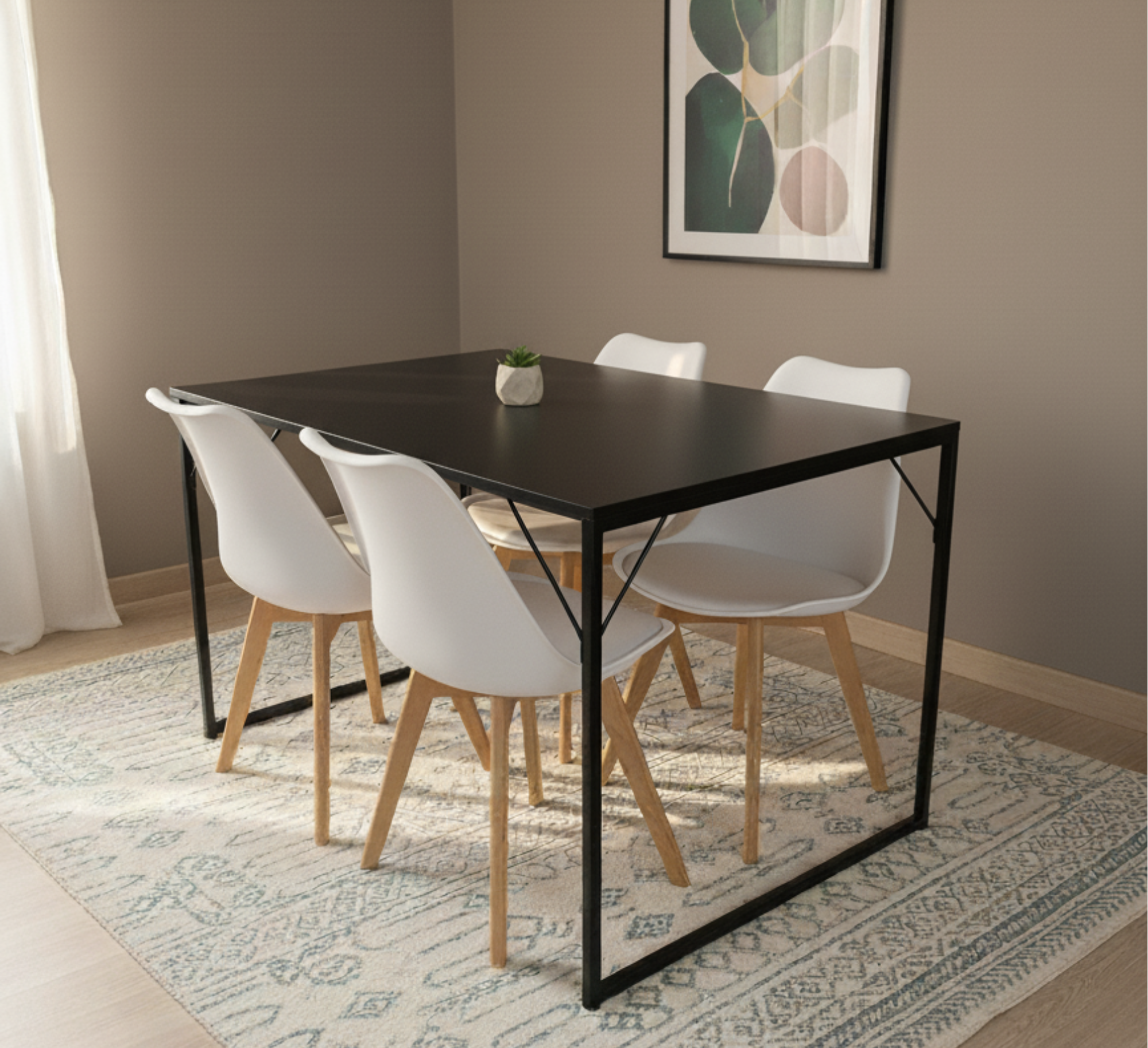 Conjunto Mesa Retangular 120x80cm Tampo Preto e Estrutura em Aço +4 Cadeiras Brancas Pés em Madeira
