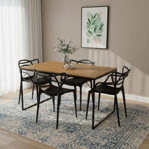 Mesa de Jantar Industrial 120x80cm Tampo Freijó com 4 Cadeiras Allegra Pretas - Conjunto Sala de Jantar Moderno