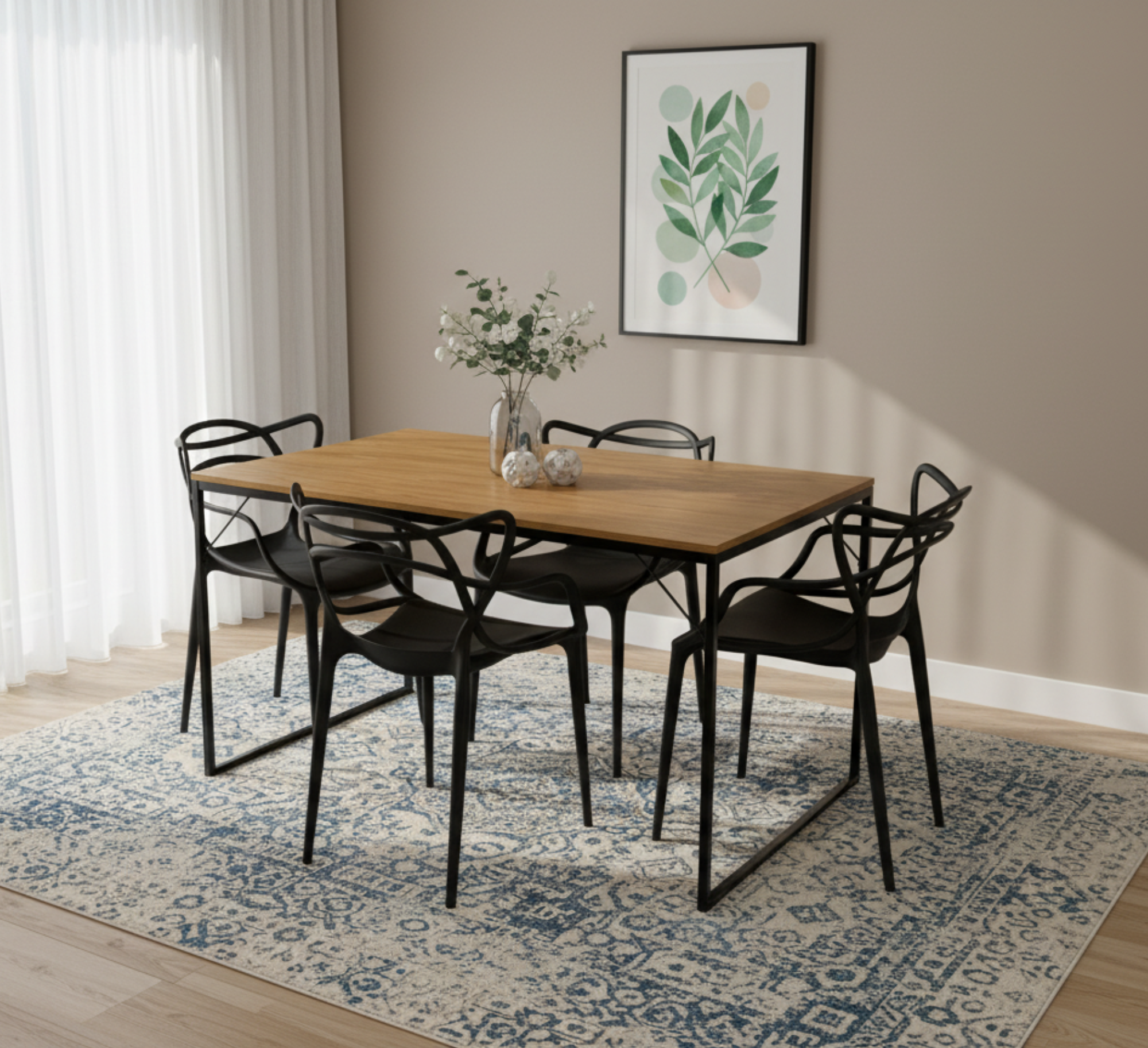 Mesa de Jantar Industrial 120x80cm Tampo Freijó com 4 Cadeiras Allegra Pretas - Conjunto Sala de Jantar Moderno