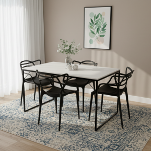 Conjunto Mesa de Jantar Industrial 120x80cm com 4 Cadeiras Allegra Pretas – Tampo Branco e Pés Metálicos Pretos