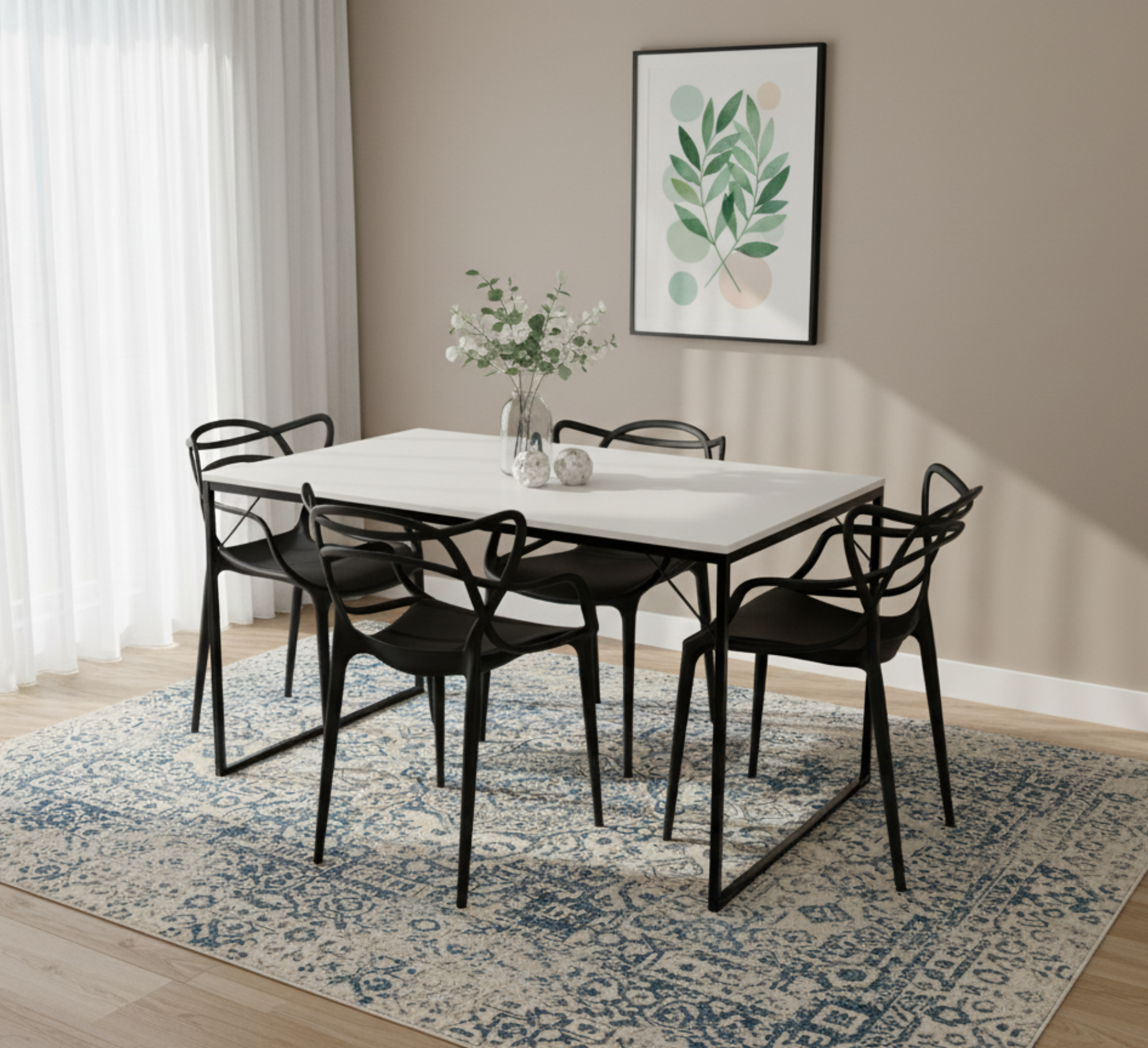 Conjunto Mesa de Jantar Industrial 120x80cm com 4 Cadeiras Allegra Pretas – Tampo Branco e Pés Metálicos Pretos