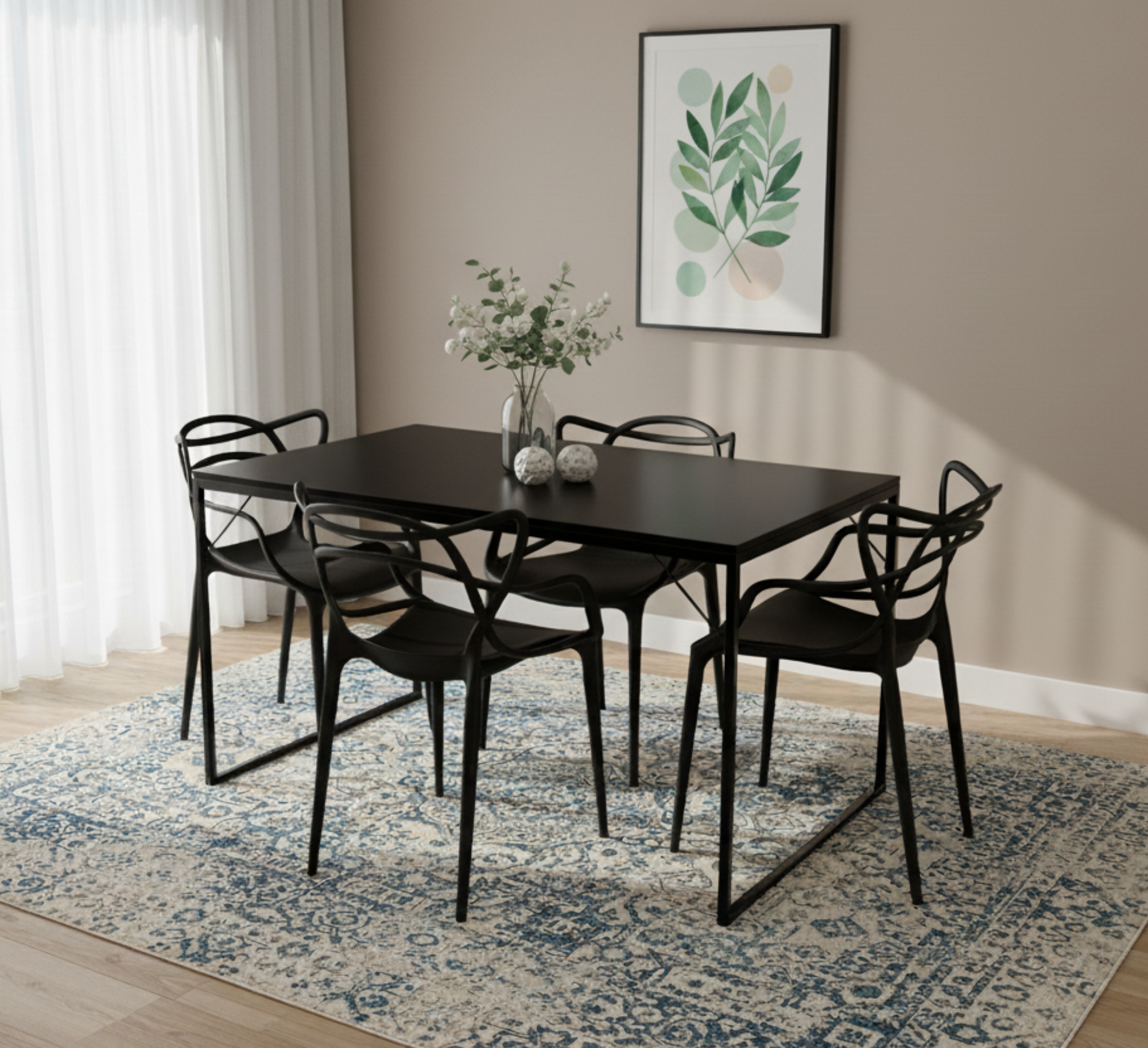 Conjunto Mesa de Jantar Industrial 120x80cm com 4 Cadeiras Allegra Pretas – Tampo Preto e Pés Metálicos
