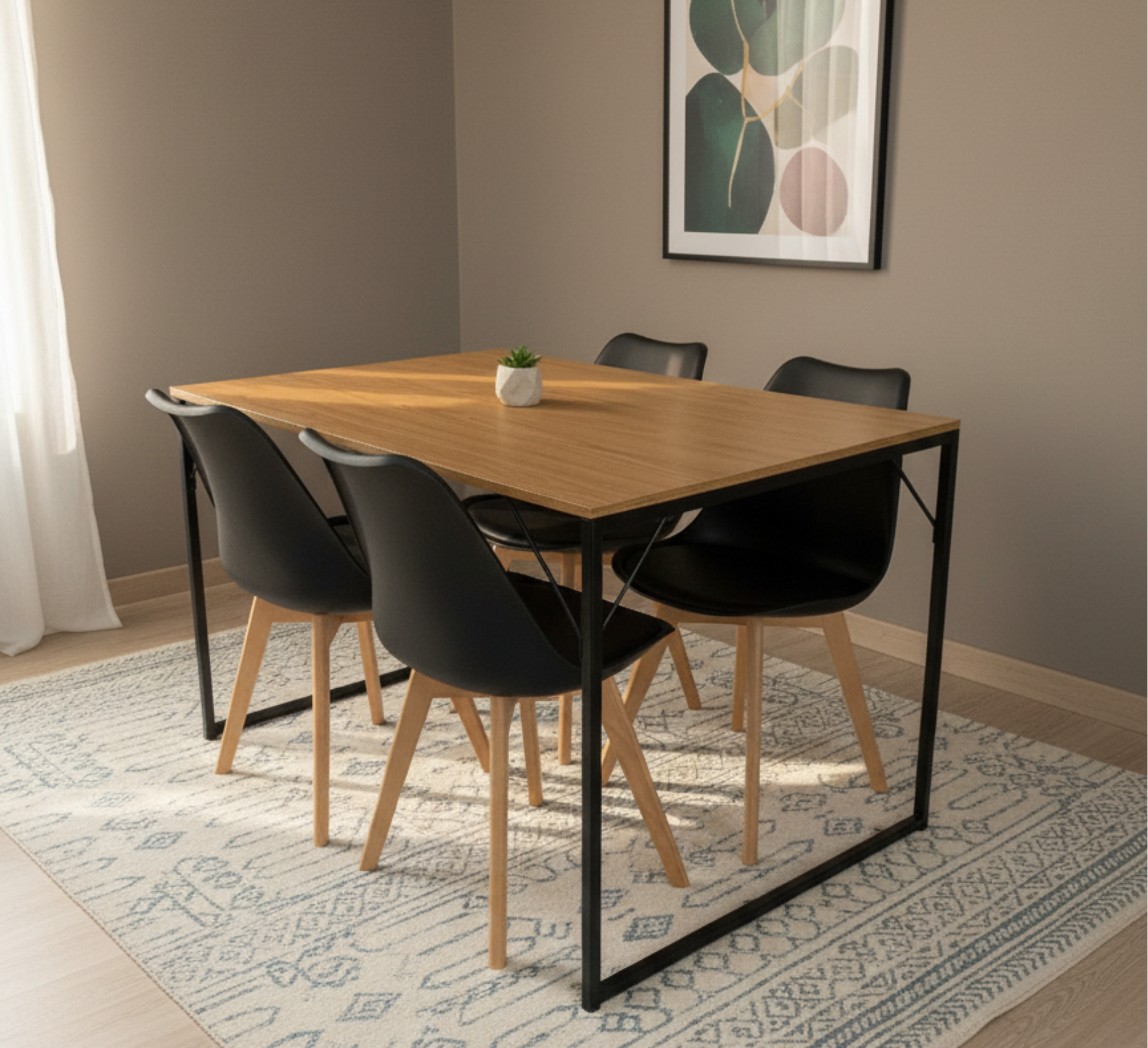 Conjunto Mesa de Jantar Industrial 120cm Tampo Amadeirado com 4 Cadeiras Pretas Pés de Madeira
