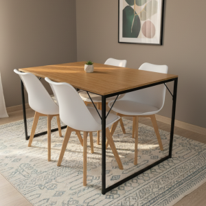 Conjunto Mesa de Jantar 4 Cadeiras – Mesa Retangular Madeira com Pés de Ferro e Cadeiras Brancas Estofadas Leda