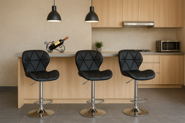 Kit com 3 Banquetas Slim Giratórias Altas Estofadas em PU Preto com Base Cromada e Regulagem de Altura – Design Moderno - Image 2