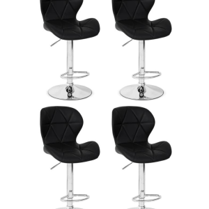 Kit com 4 Banquetas Giratórias Altas Estofadas Slim Pretas com Base Cromada e Regulagem de Altura – Design Moderno