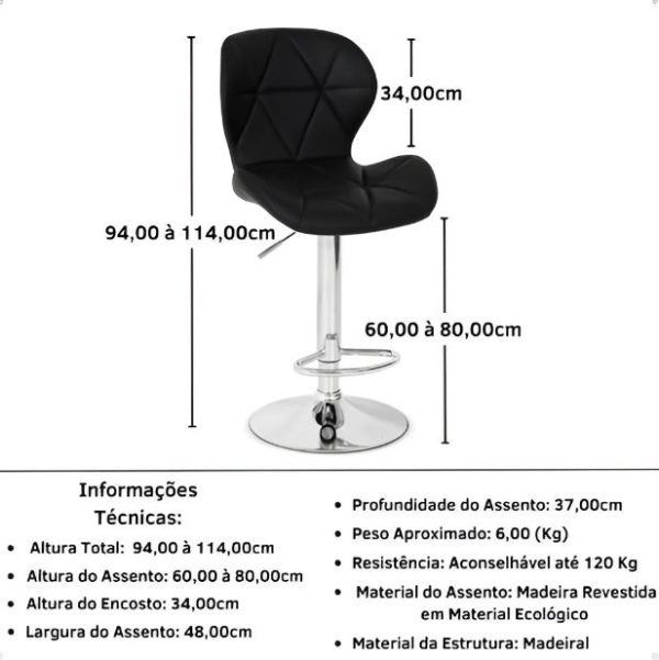 Banqueta Alta Giratória, Estofada em PU Preto, Base Cromada, Altura Regulável, Design Moderno - Image 3